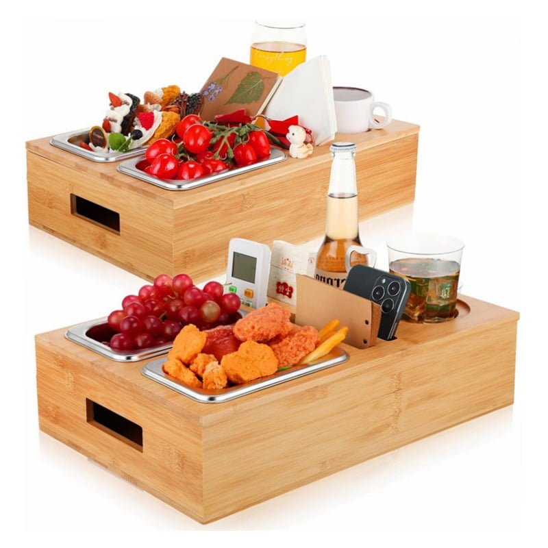 Wooden Tray Sofa Couch Snacks Caddy Box